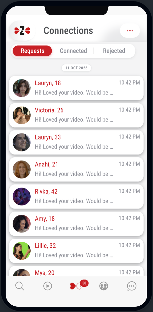 Zivazi Connections screen with incoming requests